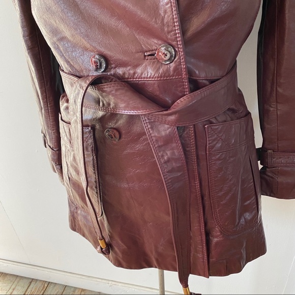 Vintage Etienne Aigner Leather Jacket Trench Wrap Coat Oxblood Burgundy 60s 70s - Picture 4 of 15